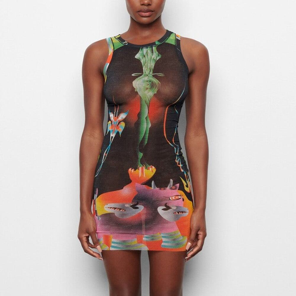 SKIMS Summer Mesh High Neck Tank Dress - XXS Obsidian Print - Picture 2 of 7